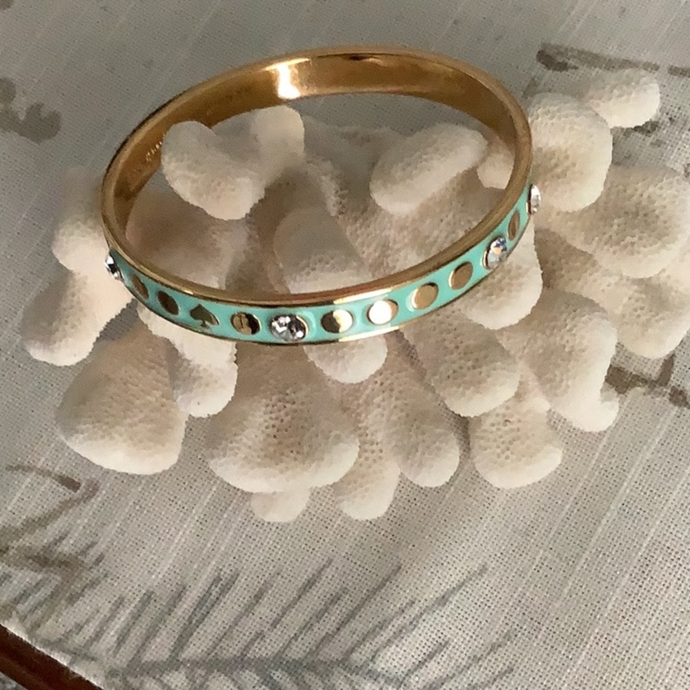 KATE SPADE ♠️ Bracelet Bangle Aqua Gold Dots Clear Rhinestones & Gold Sp…